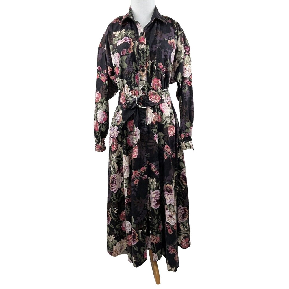 Floral L/S Button Front Maxi Shirt Dress Romantic Cottagecore Sz 10 D Frank VTG